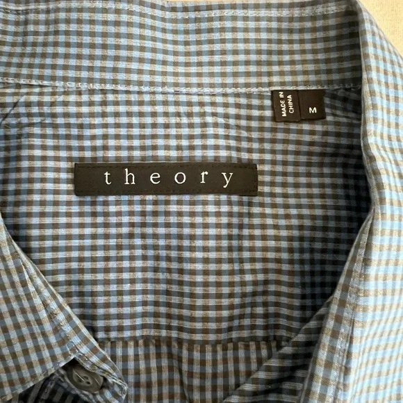 Theory Shirt Mens Blue Checker Plaid Long Sleeve Button Up Casual Size M - Picture 4 of 11